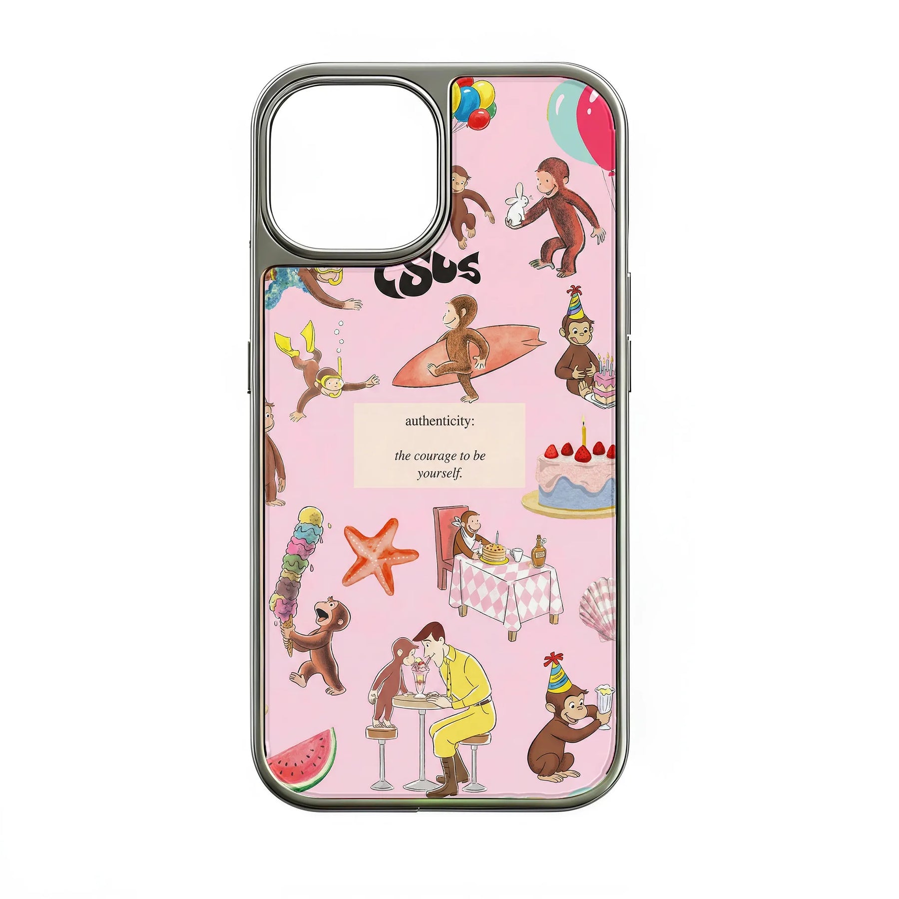 Funda holográfica cromada con diseño de mono curioso: divertida y colorida
