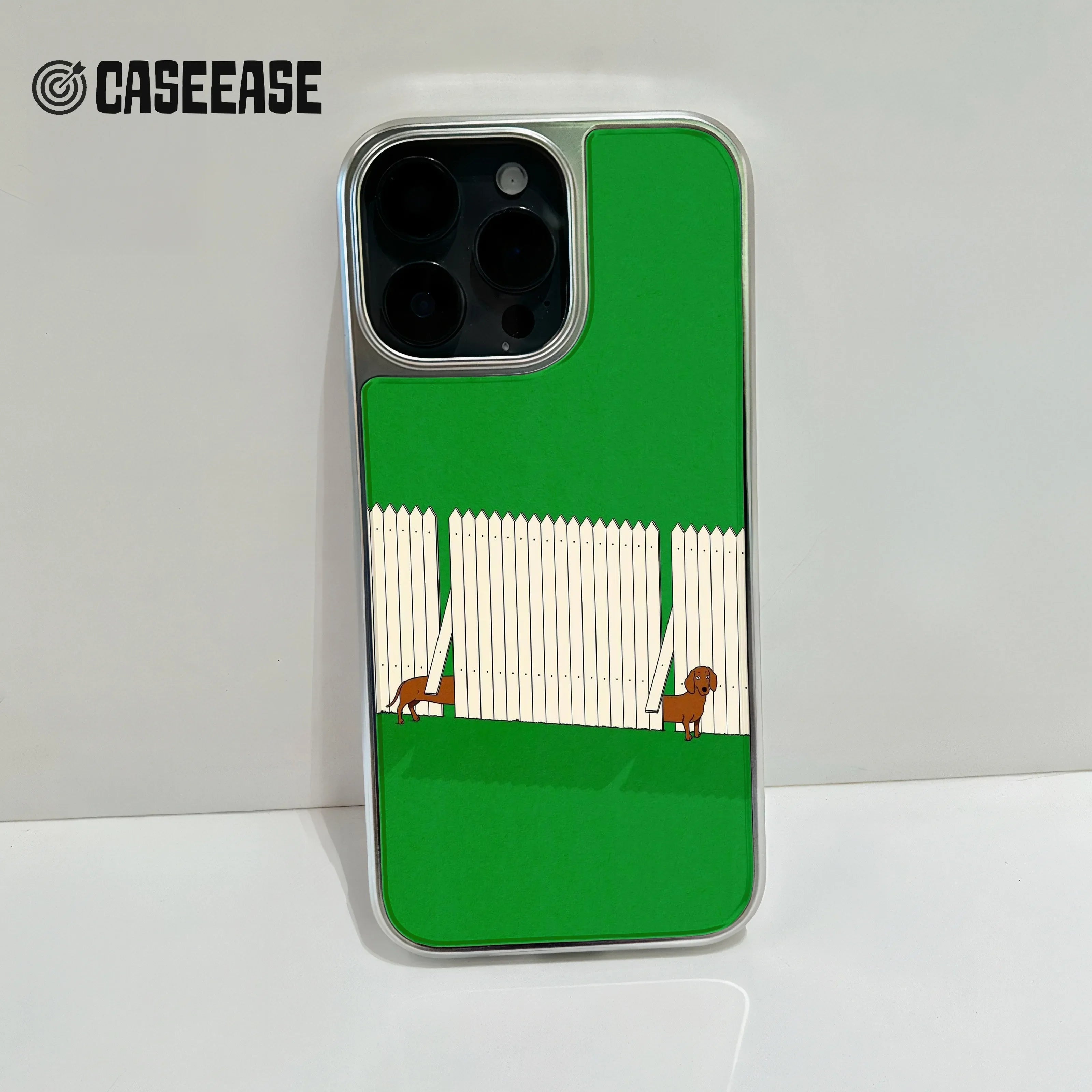 Holographic Chrome iPhone 15 Pro Phone Case - Playful Pups & Green Lawn