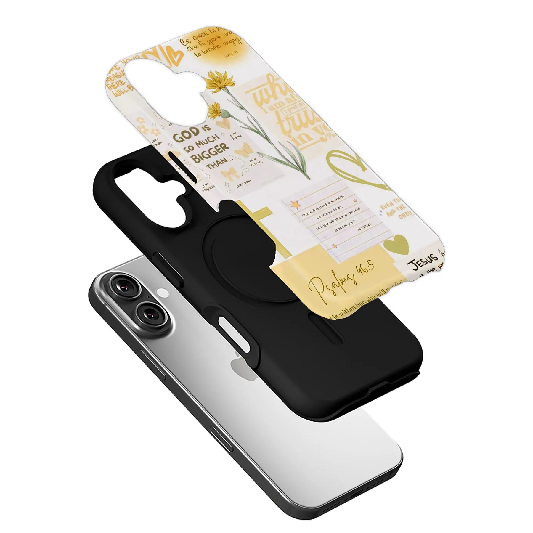 Funda amarilla para teléfono con versículo bíblico – Salmo 46:5, diseño floral cristiano de fe