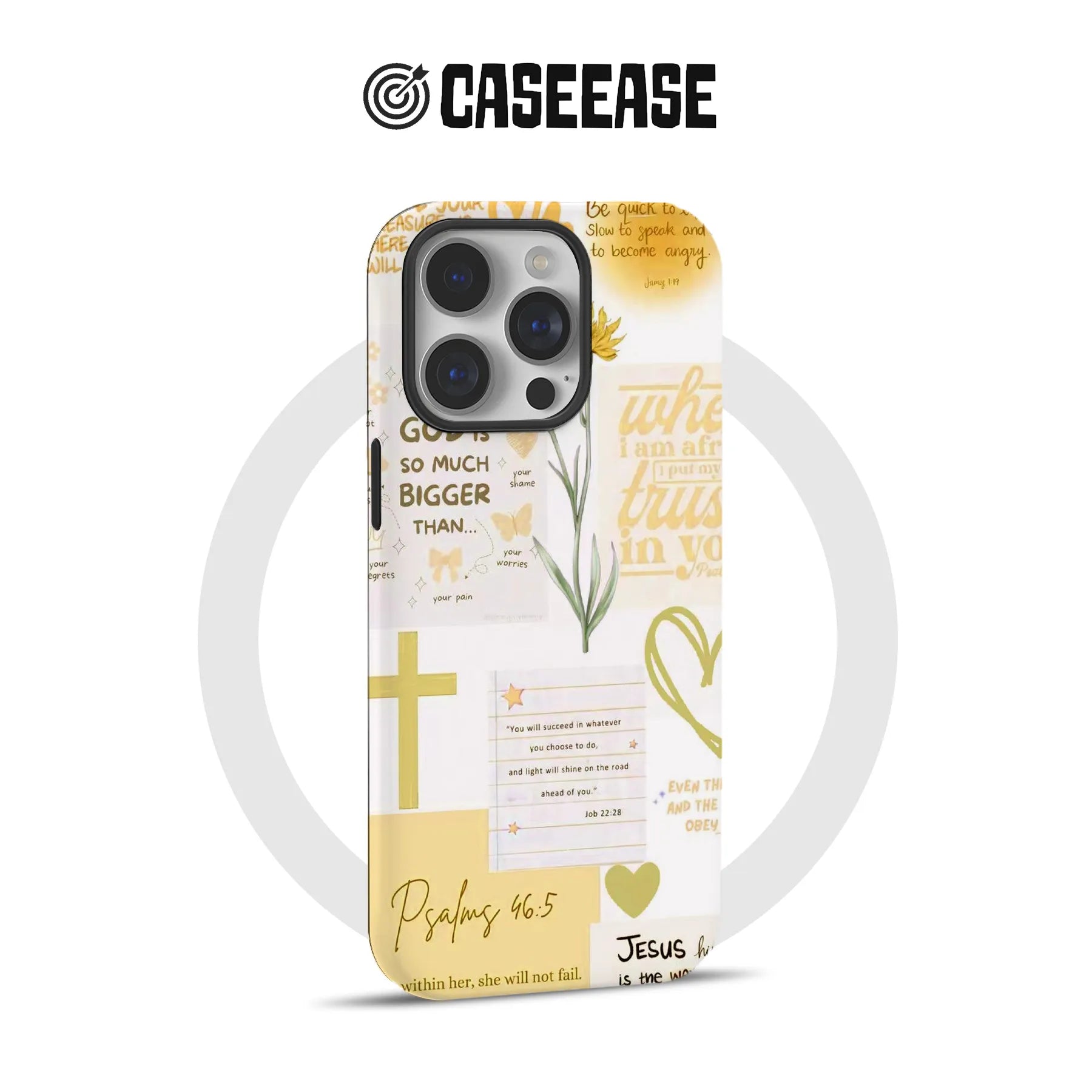 Funda amarilla para teléfono con versículo bíblico – Salmo 46:5, diseño floral cristiano de fe