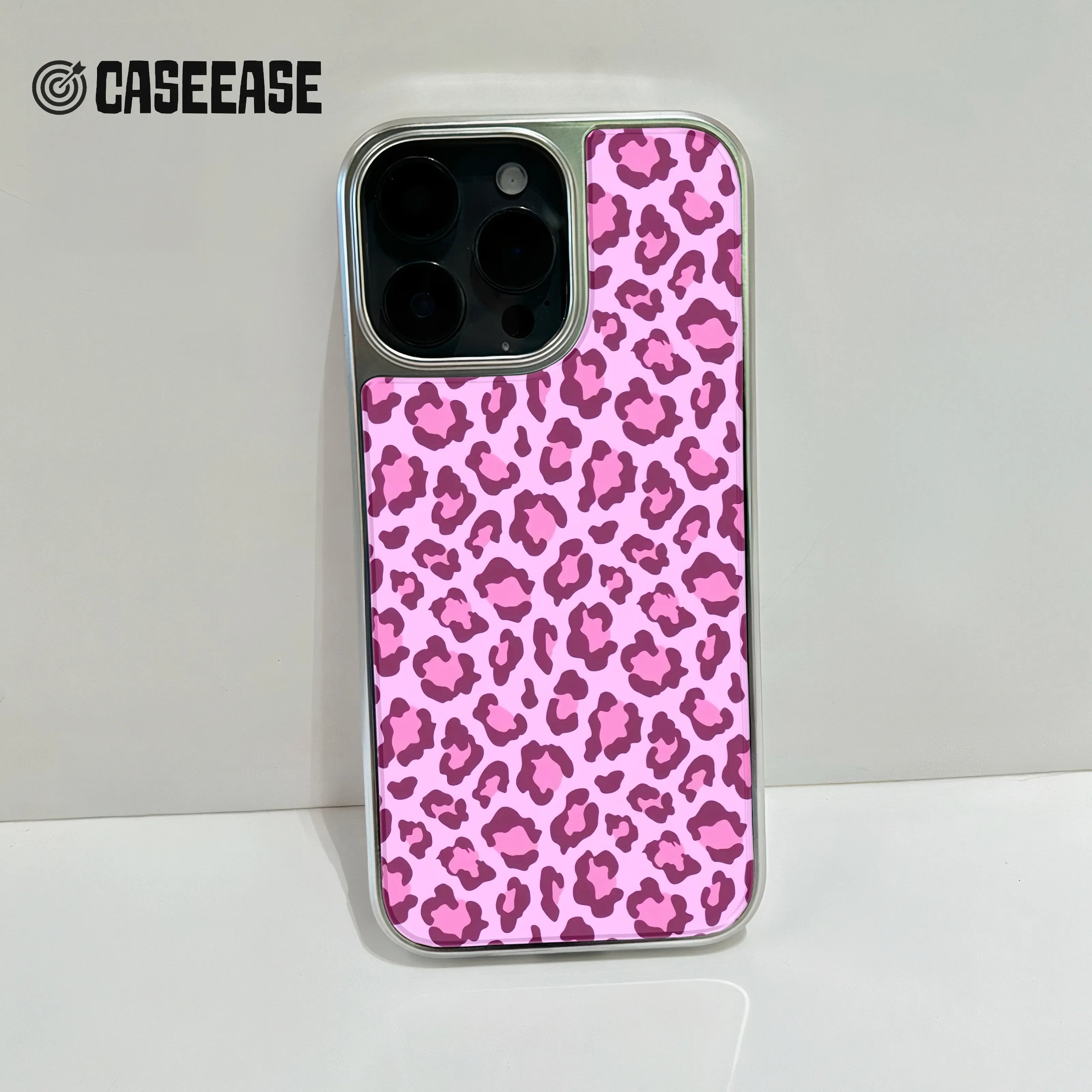 Holographic Chrome Pink Leopard Phone Case for iPhone 15 Pro - Stylish Animal Print