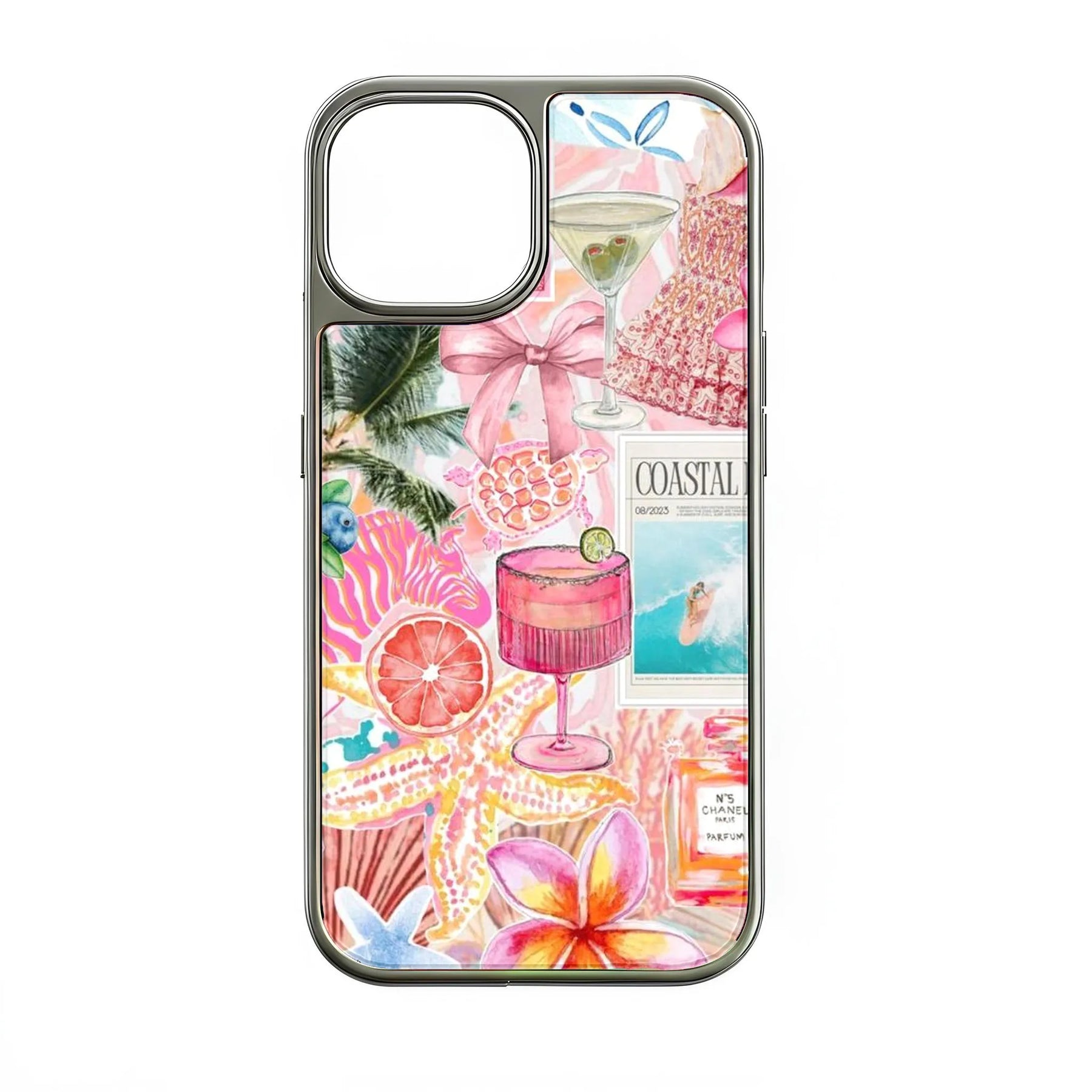 Holographic Chrome Coastal Vibes Phone Case - Tropical Floral Design