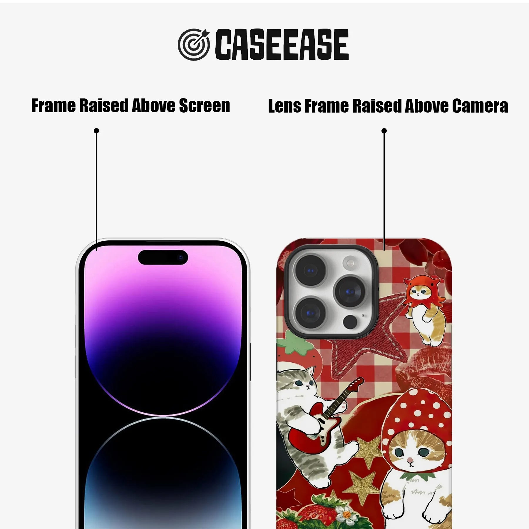 Bonita funda para teléfono con diseño de gato y fresa