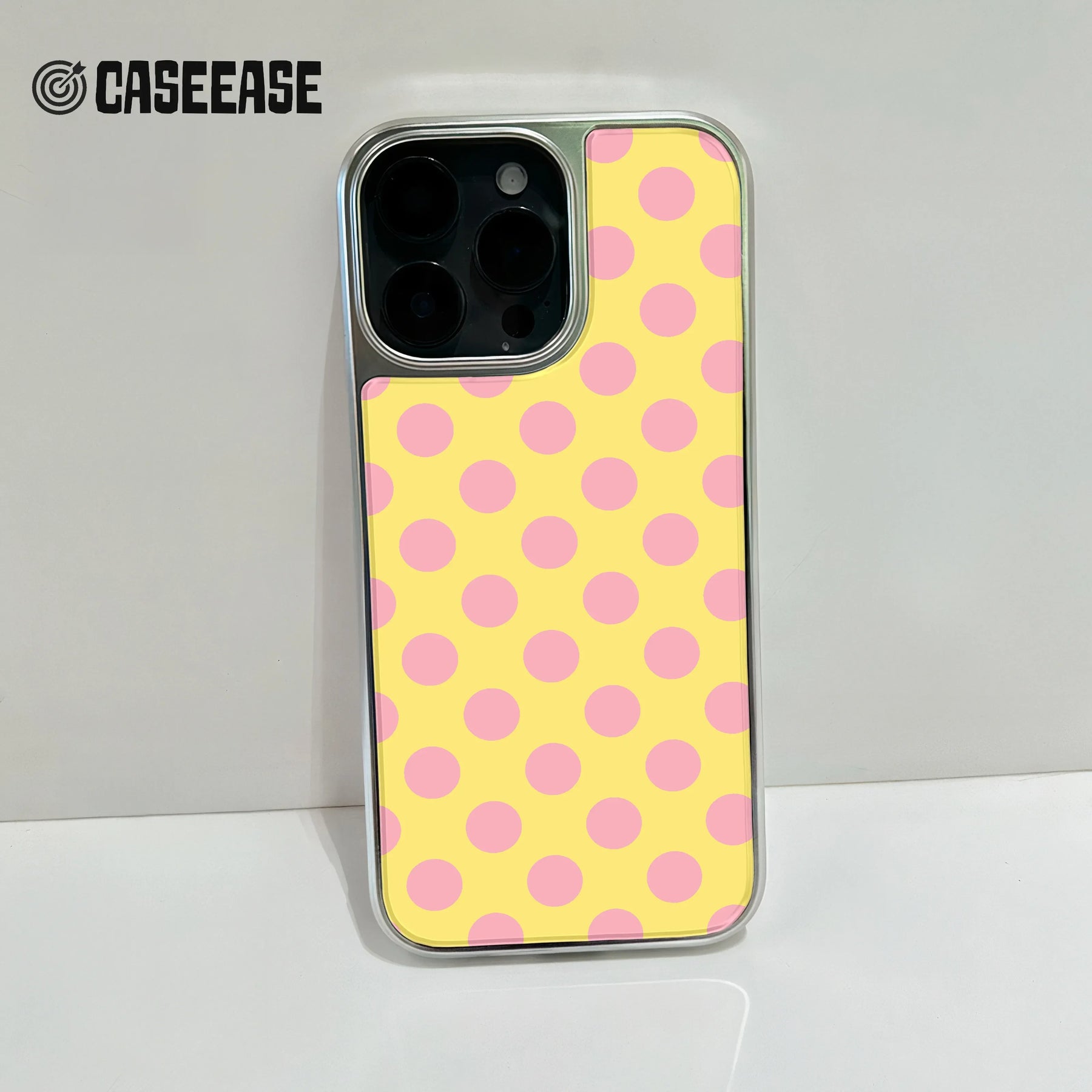 Funda para teléfono holográfica con lunares cromados - Amarillo brillante con puntos rosas