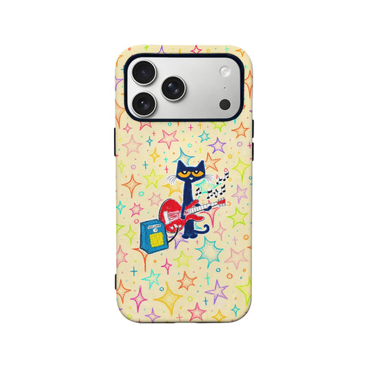 Beige phone case back view with colorful stars and guitar-playing black cat design