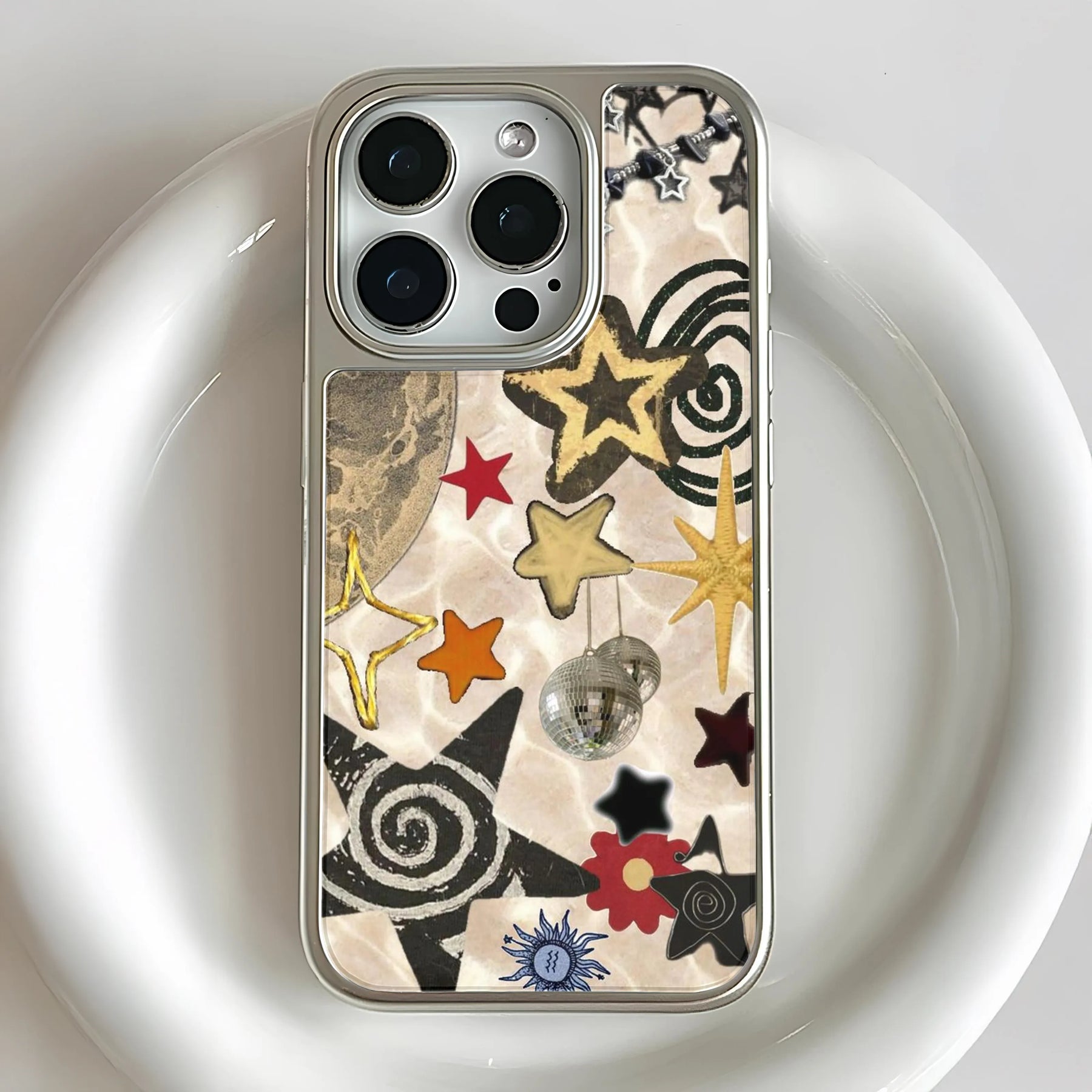 Funda holográfica cromada con estrellas para teléfono - Diseño de aventura cósmica