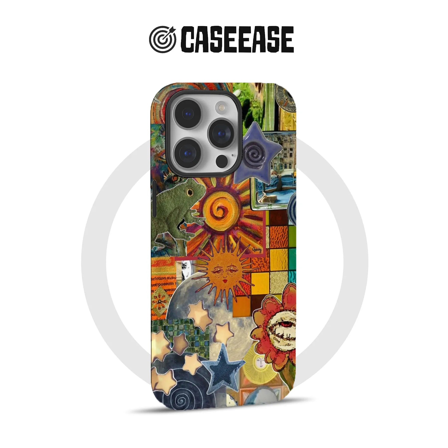 Funda para teléfono con diseño vibrante de sol, estrellas y criaturas caprichosas