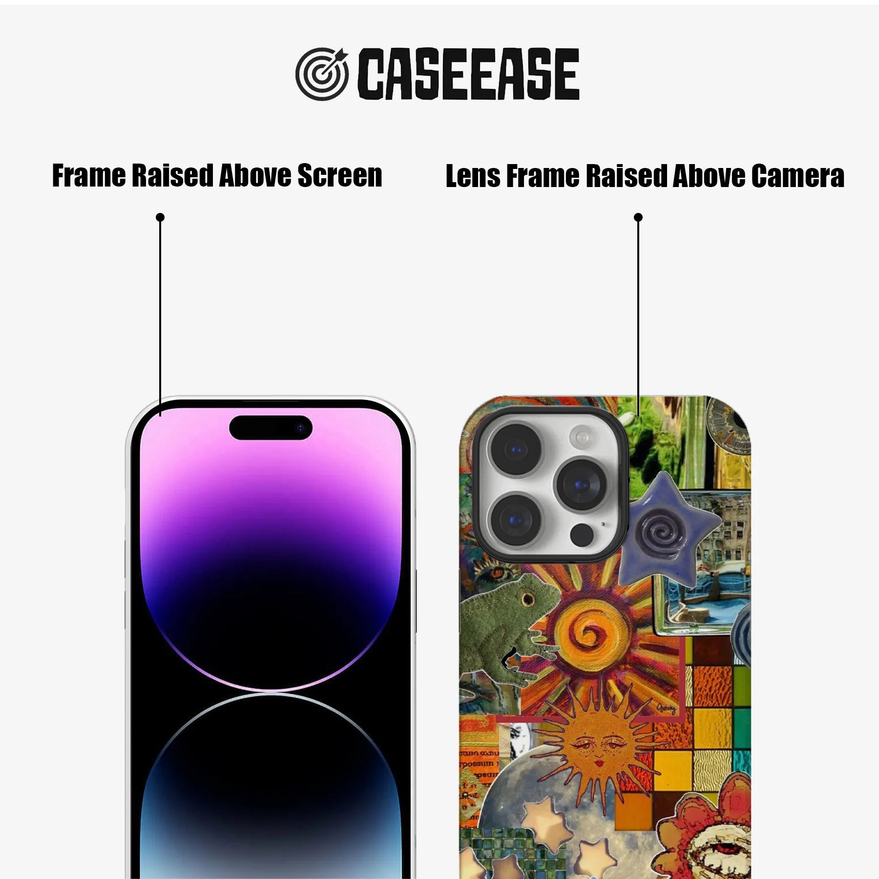 Funda para teléfono con diseño vibrante de sol, estrellas y criaturas caprichosas