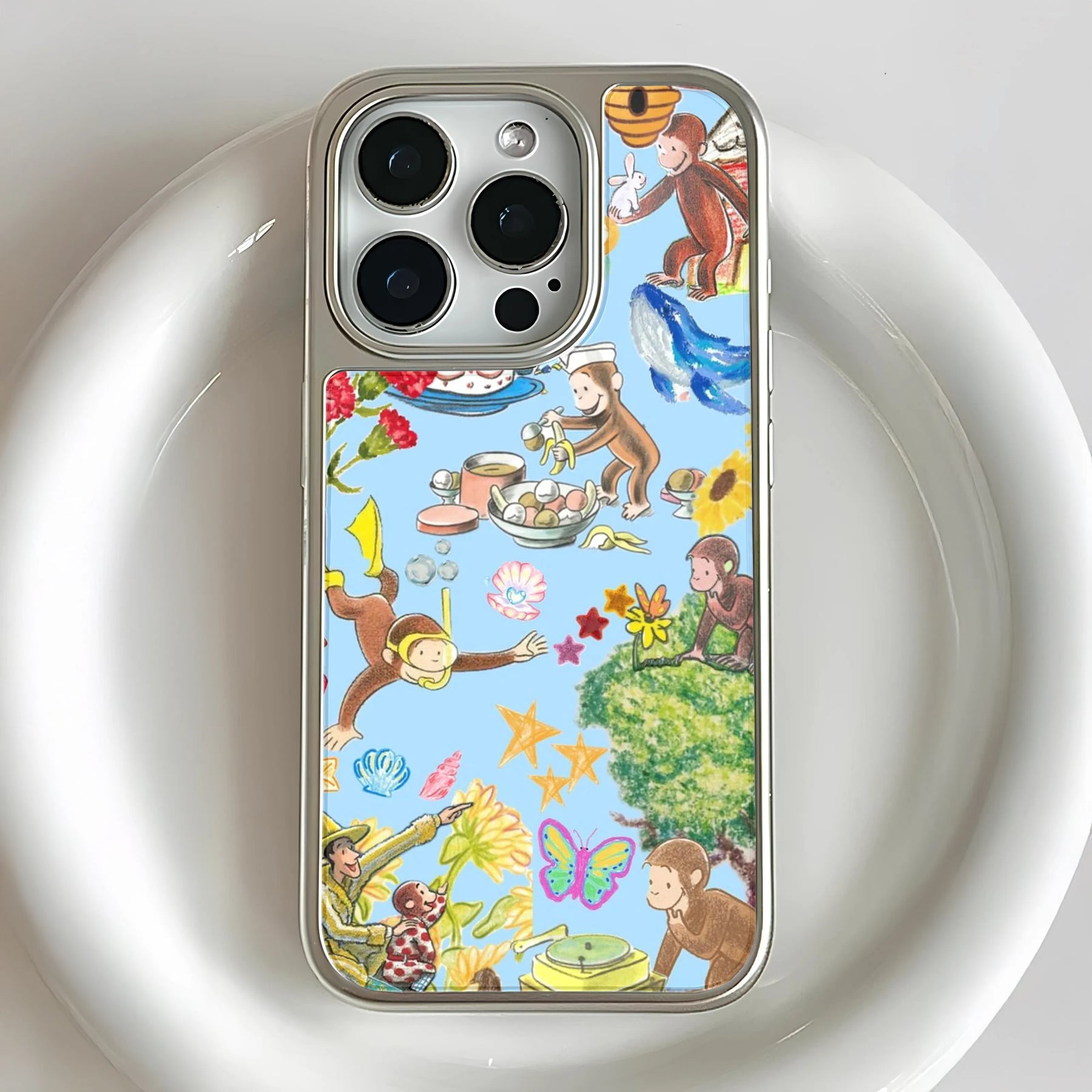 Funda holográfica cromada con diseño de mono curioso - Diseño de dibujos animados coloridos