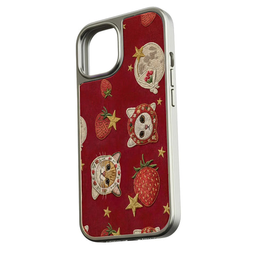 Embroidered Cats and Strawberries Phone Case - Cute and Colorful Design