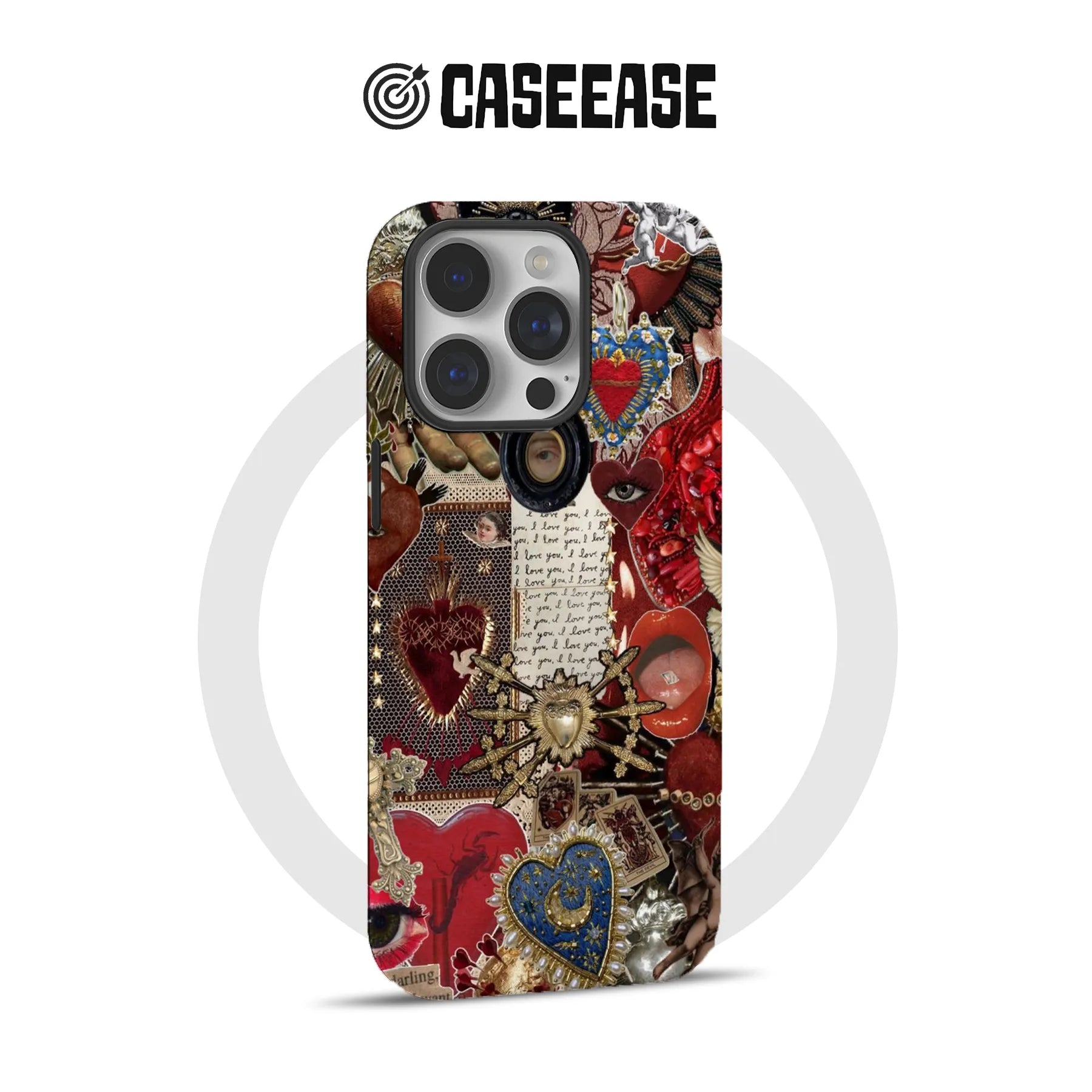 Funda de teléfono vintage con collage y diseños de corazones