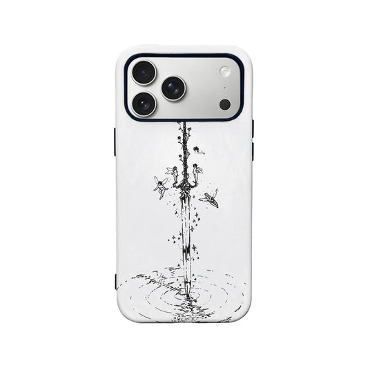 White phone case with black sword and fairy line art, rear product view