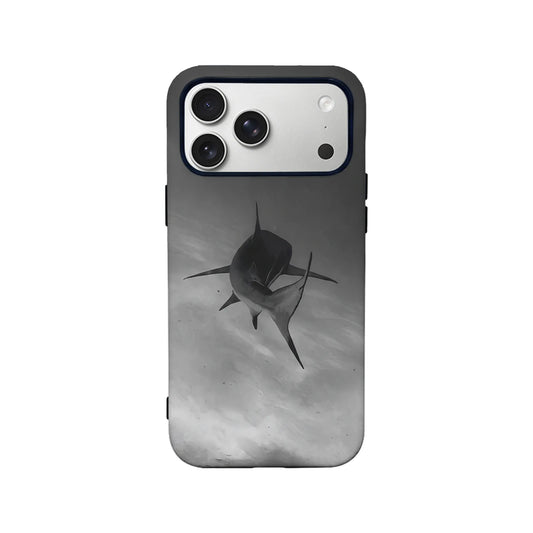 Black and gray shark print phone case, rear angle with camera cutout