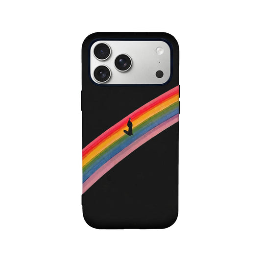 Black phone case with diagonal rainbow stripe, rear view on smartphone