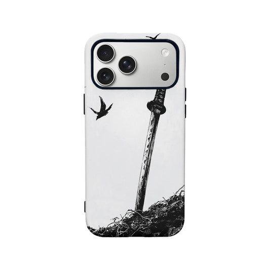White plastic phone case with black sword and bird illustration, rear product view