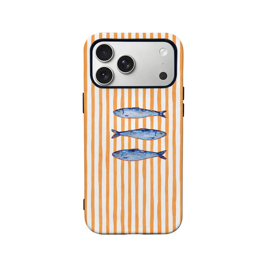 Orange and white striped phone case with blue fish design, shown from rear