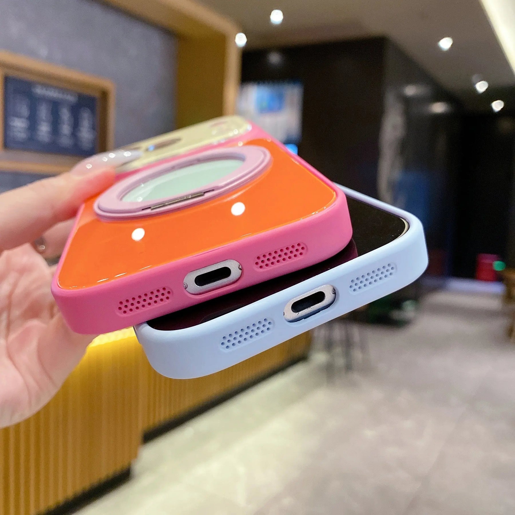 Dopamine Colors Magnetic Case for iPhone 17 16 15 14 Pro Max, with 360° Rotating Ring Stand, Colorblock Glossy Shockproof Cover with Full Camera Protection, Wireless Charging Compatible with MagSafe, Best Gift for Women Girls (main image)