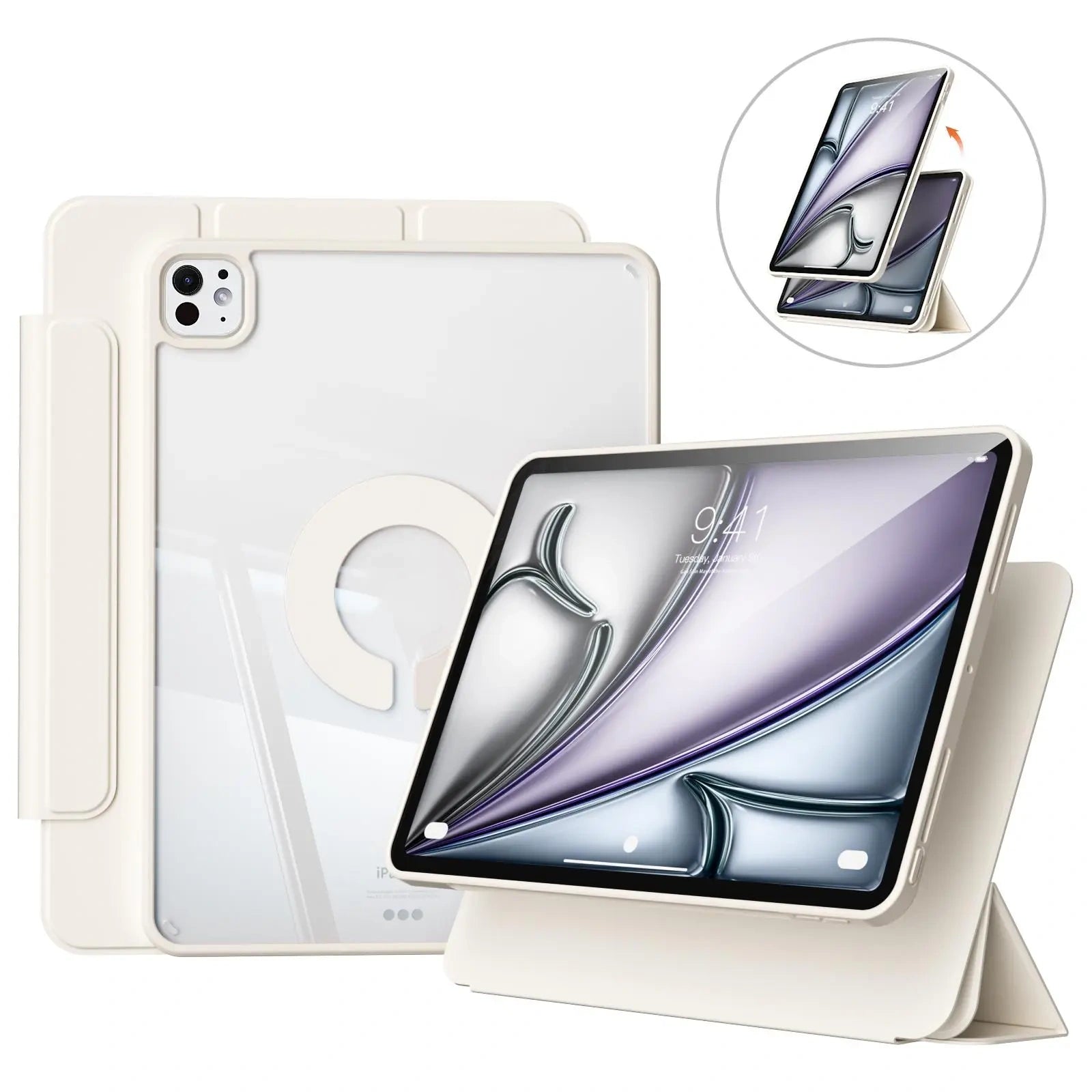 KENKE Magnetic Rotatable Detachable Tablet Case with Pencil Holder, Protective Flip Cover Compatible with iPad, Smart Tablet Accessories, Tablet Casing, Removable Cover, Tablet Covers - Color Cream White (variant image)