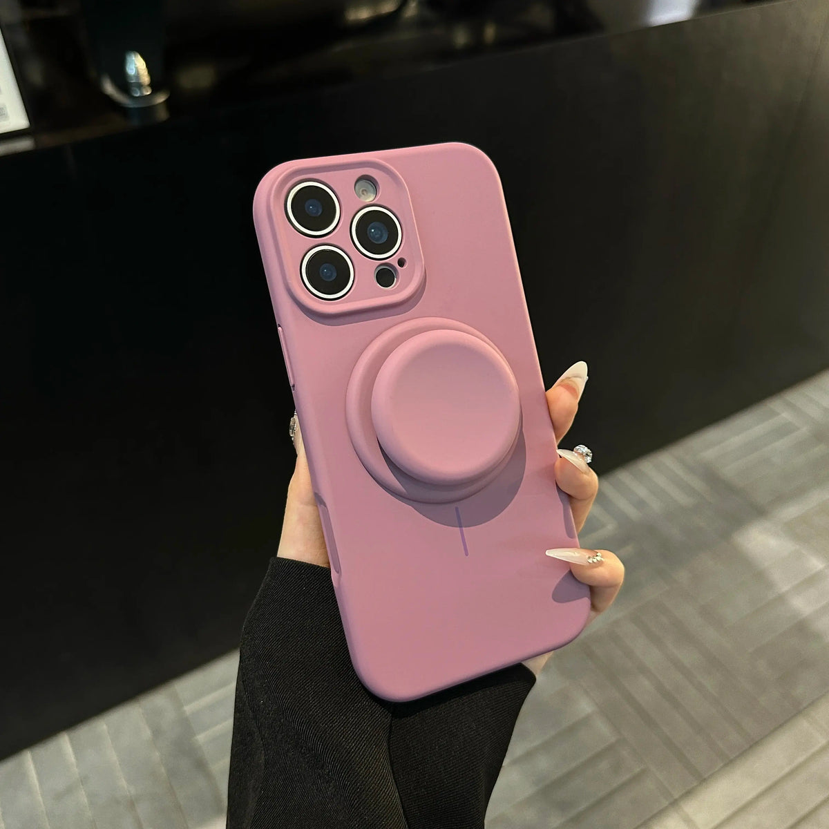 Magnetic Stand Liquid Silicone Full Coverage Phone Case with AI Capture Button, Compatible with iPhone 13 to iPhone 18 Pro Max--3994 - Size Blackcurrant + Stand (variant image)