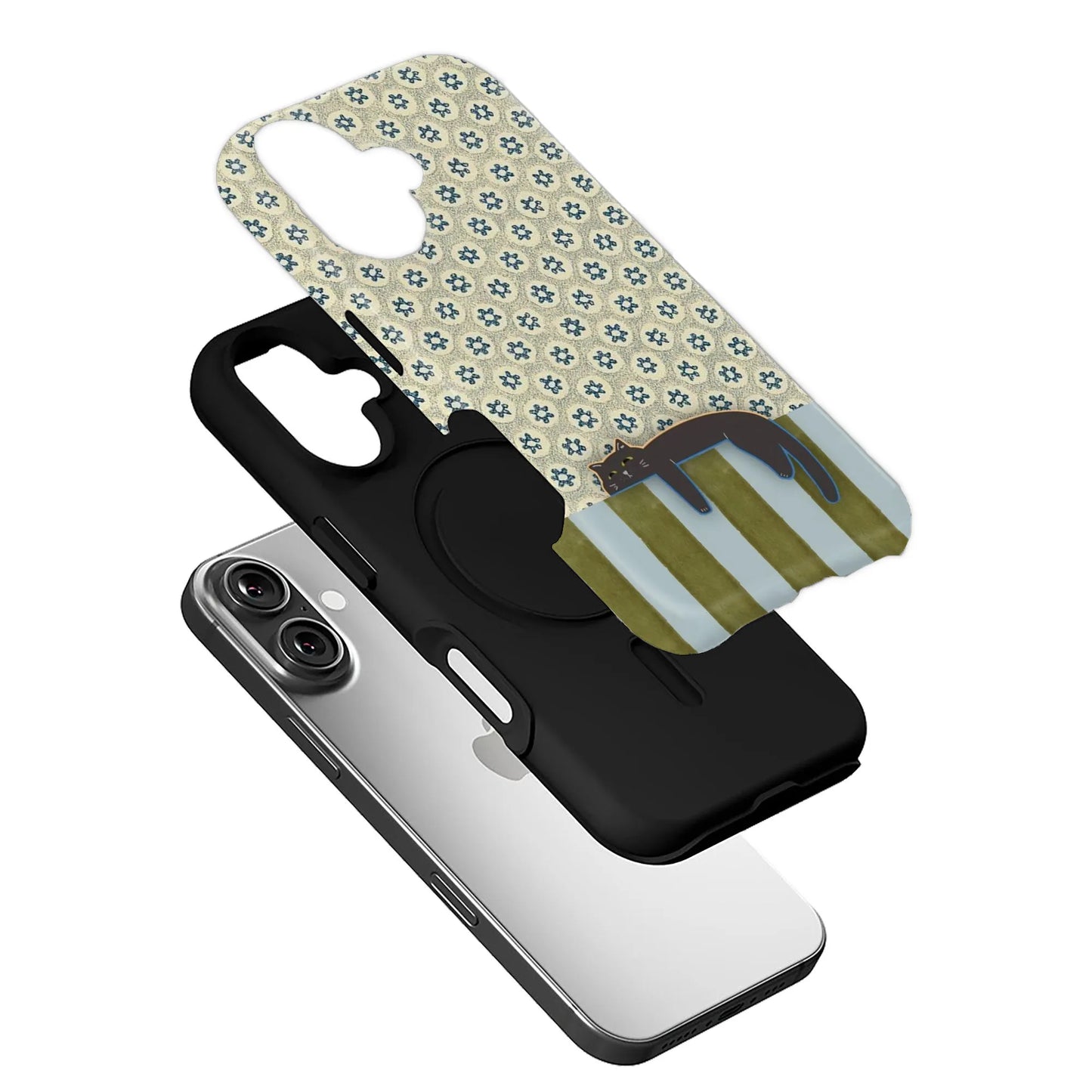 Funda para teléfono con diseño de gato colgante y flores vintage