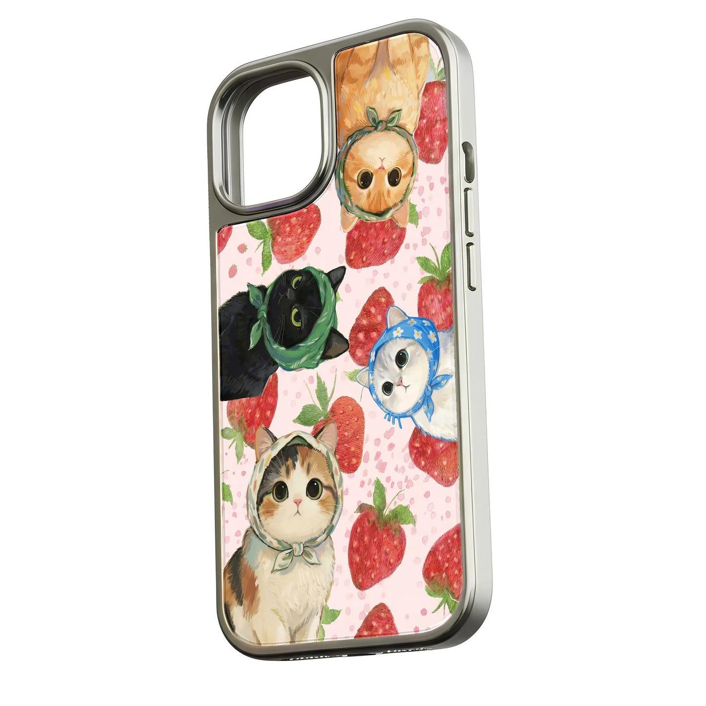Funda holográfica cromada con diseño de gato - Diseño divertido de fresa