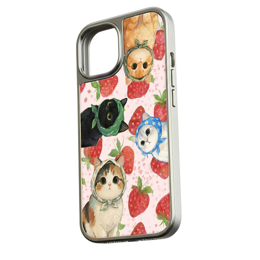 Holographic Chrome Cat Phone Case - Fun Strawberry Design