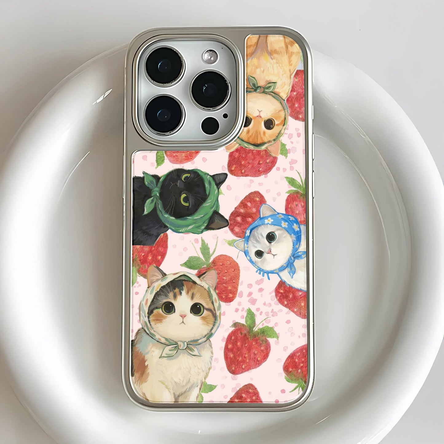 Funda holográfica cromada con diseño de gato - Diseño divertido de fresa
