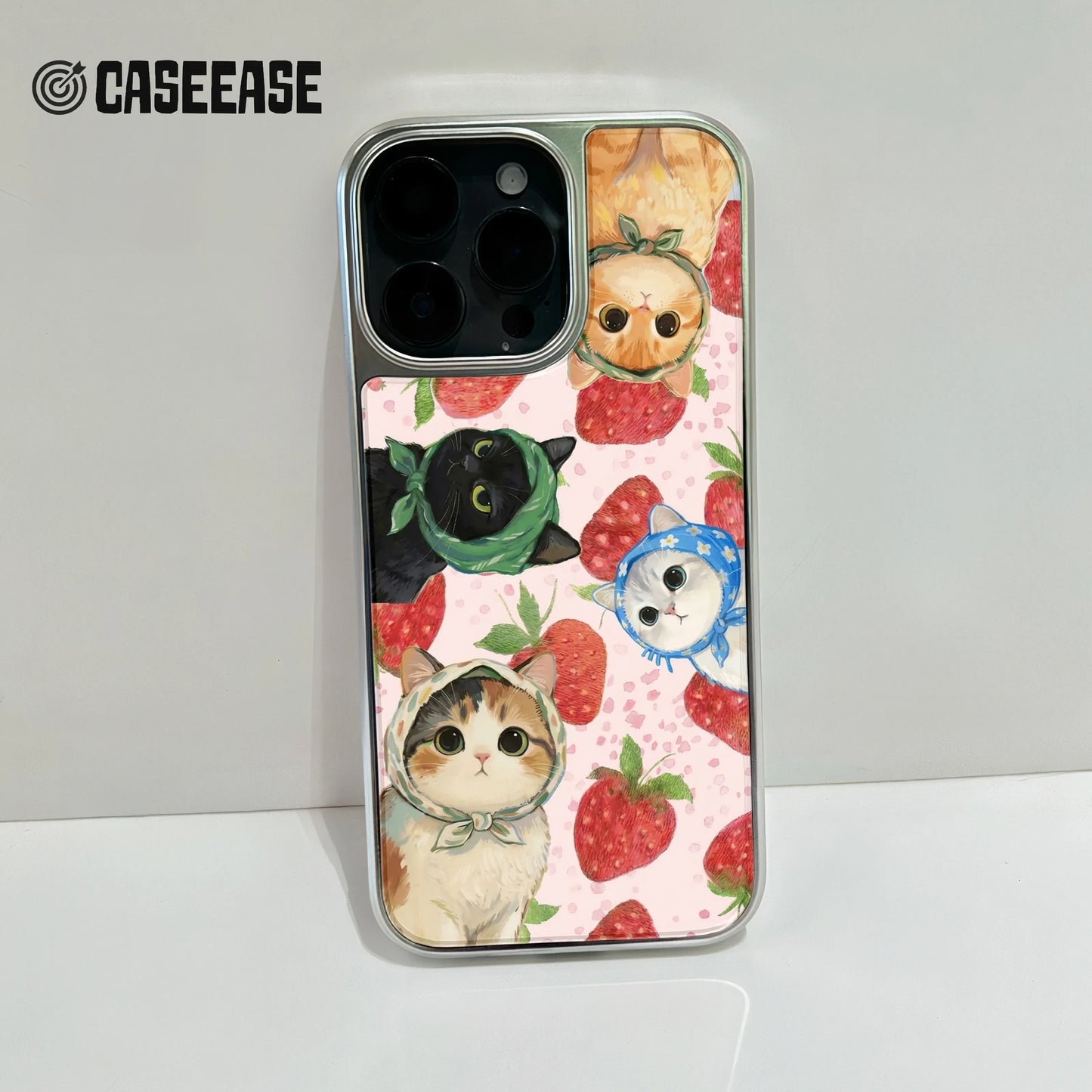 Funda holográfica cromada con diseño de gato - Diseño divertido de fresa