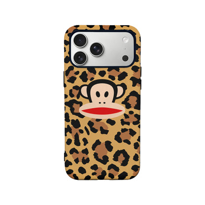 Tan leopard print monkey phone case shown from rear with camera cutout