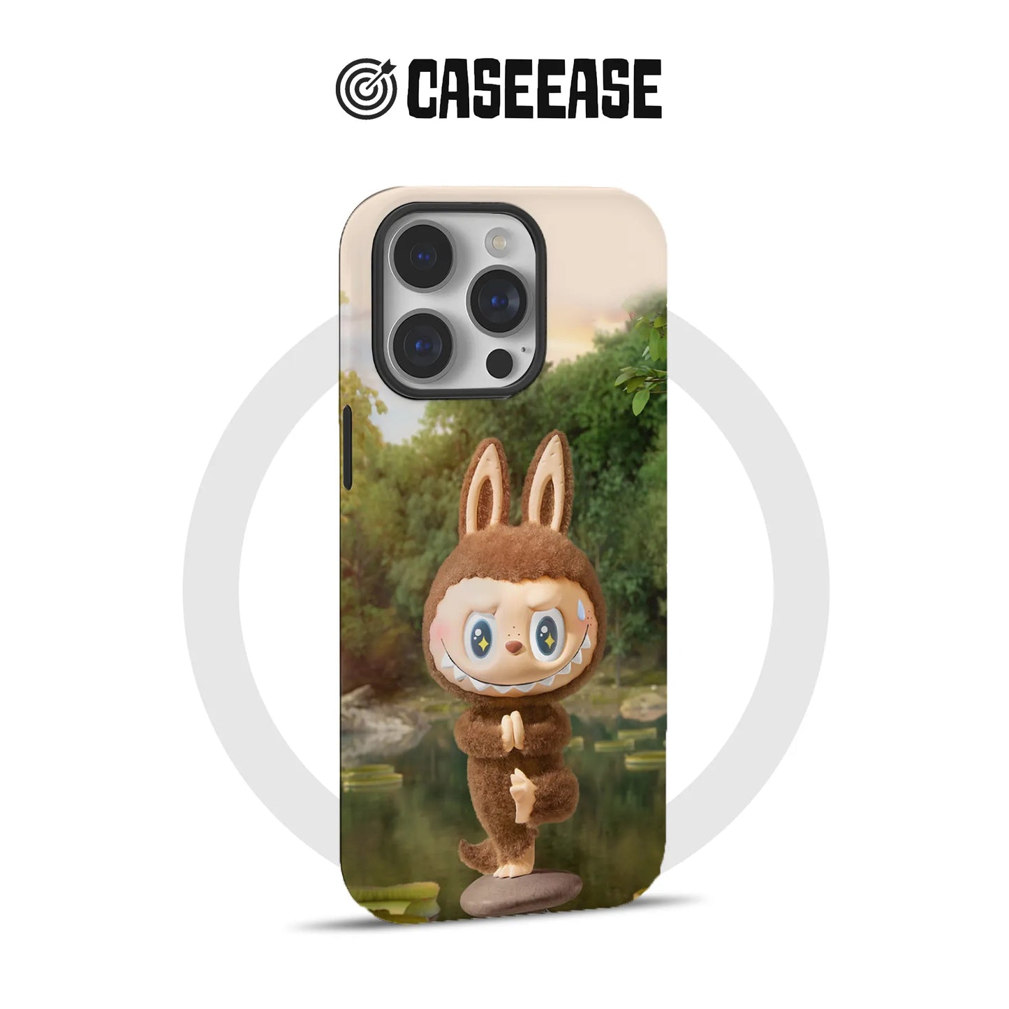 Bonita funda para teléfono con pose de yoga de Labubu