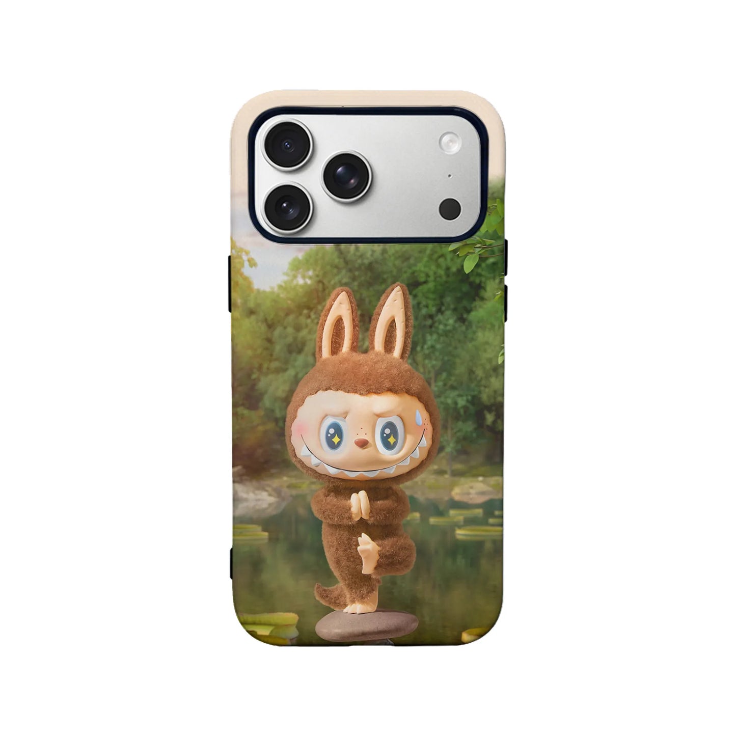 Bonita funda para teléfono con pose de yoga de Labubu