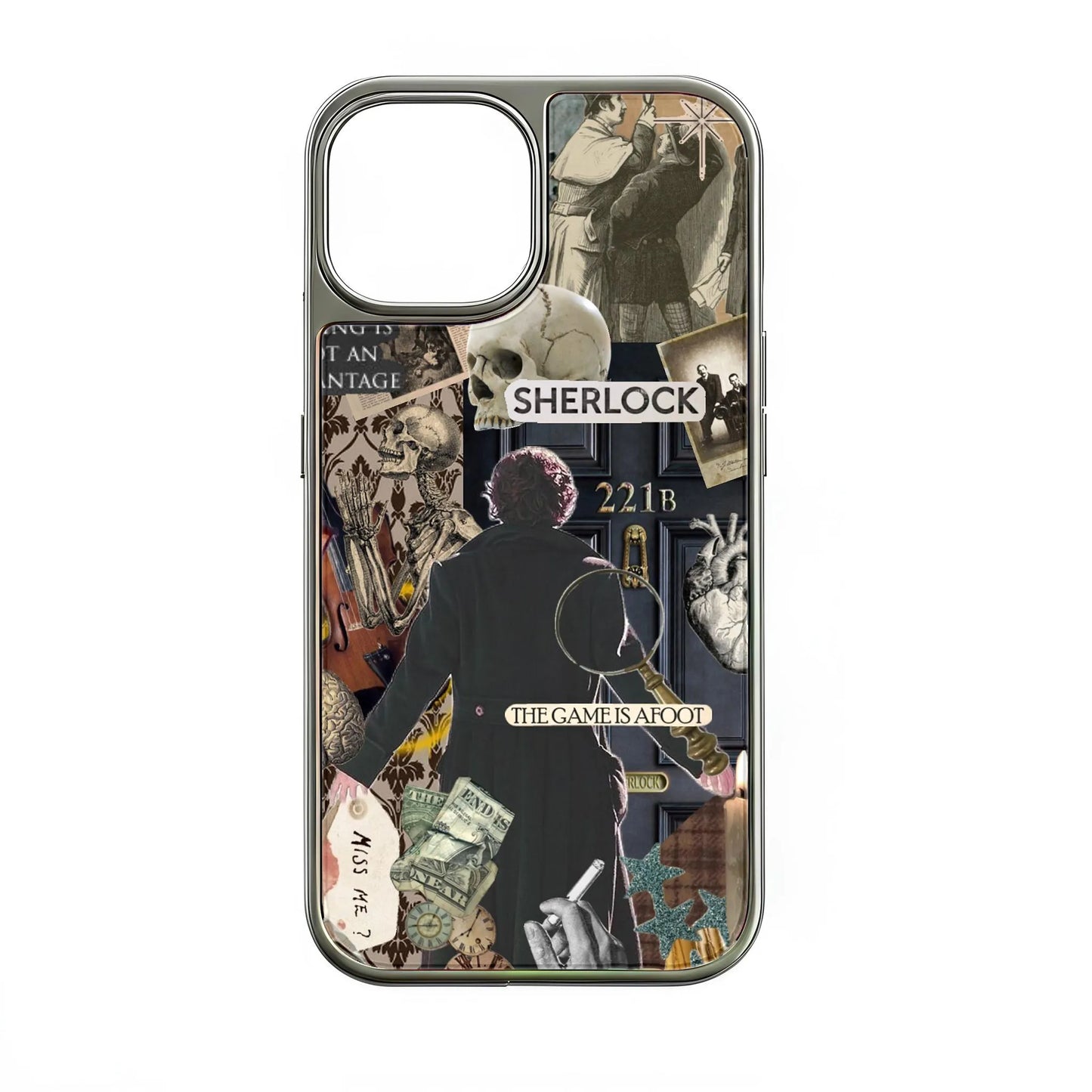 Funda holográfica cromada Sherlock para teléfono: estética vintage con diseño 221B