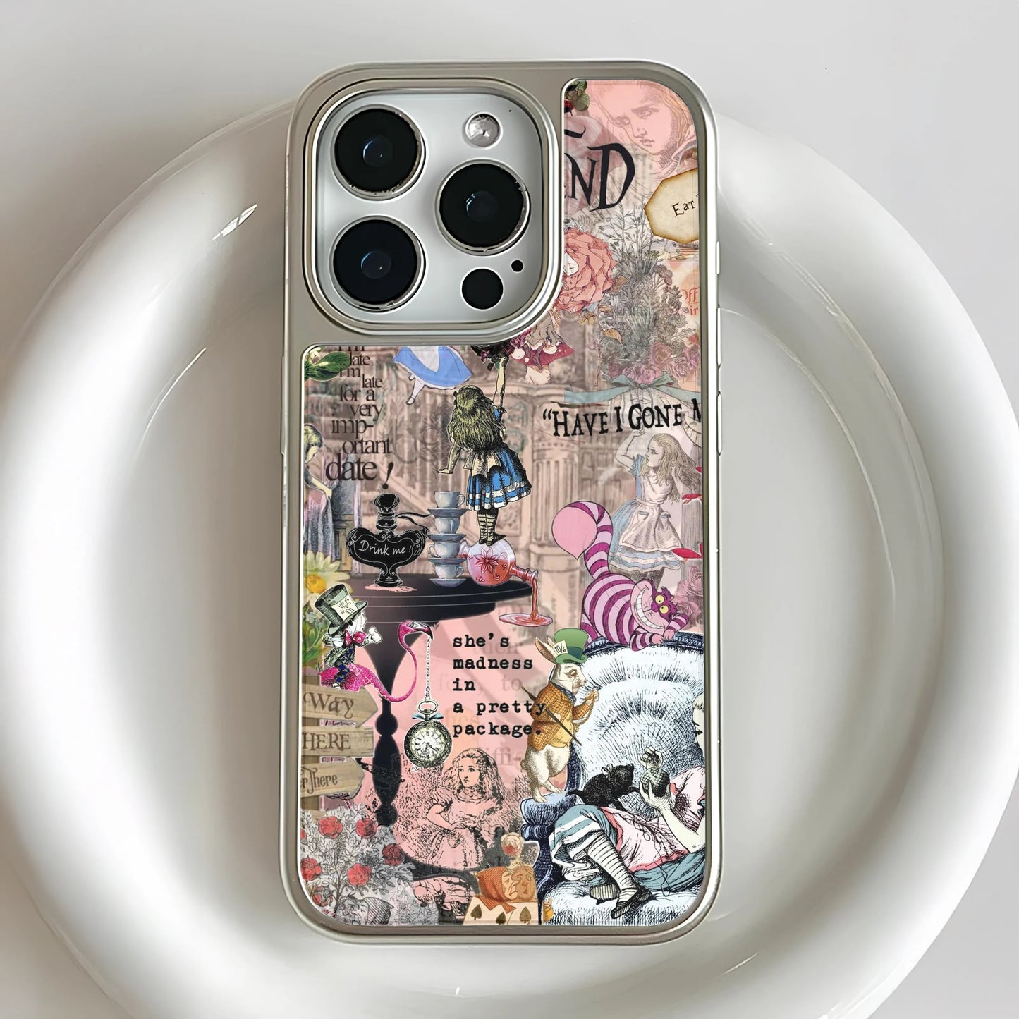 Holographic Chrome Alice in Wonderland Phone Case - Whimsical Design & Dreamy Aesthetic