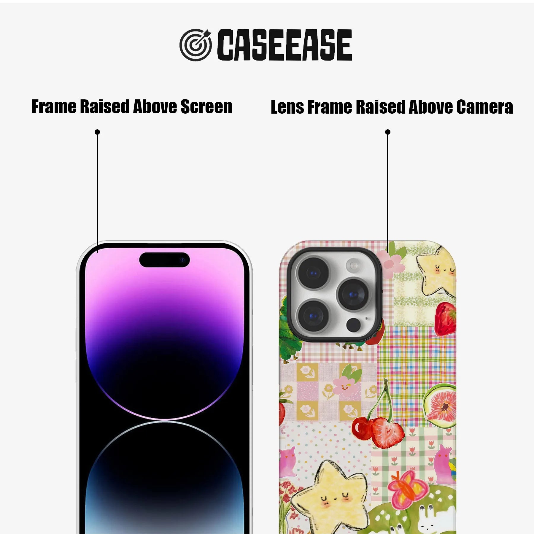 Pastel patchwork phone case front and back showing raised screen and camera frames