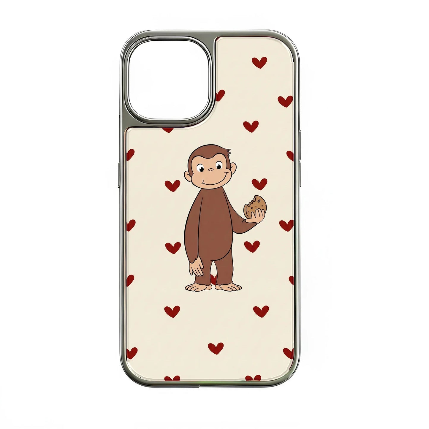 Funda holográfica cromada de George el Curioso con diseño de corazón