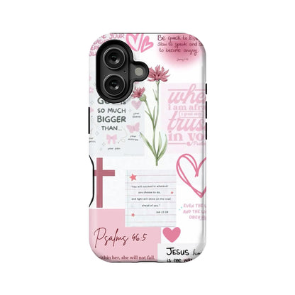 Funda para teléfono con versículo bíblico rojo – Salmo 46:5 – Diseño floral cristiano de fe