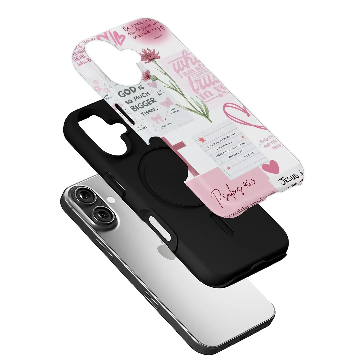 Funda para teléfono con versículo bíblico rojo – Salmo 46:5 – Diseño floral cristiano de fe
