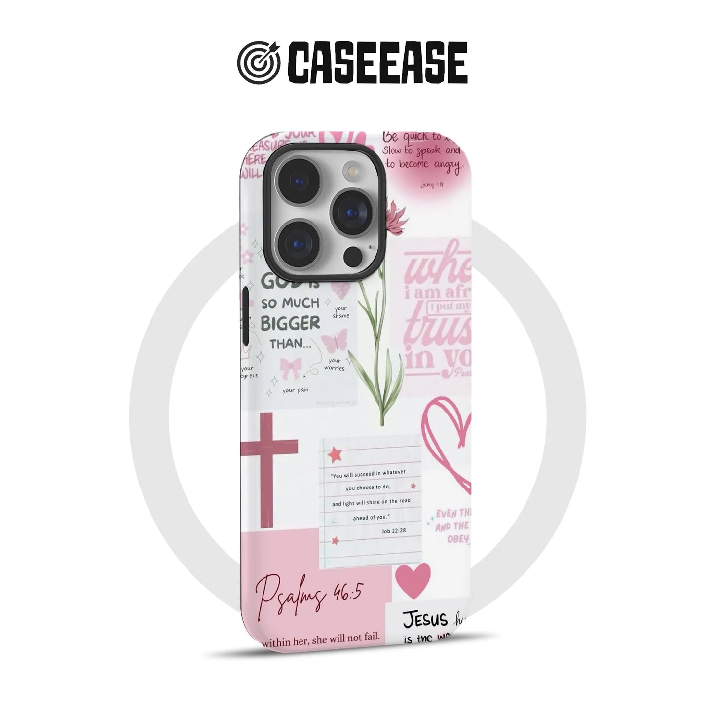 Funda para teléfono con versículo bíblico rojo – Salmo 46:5 – Diseño floral cristiano de fe