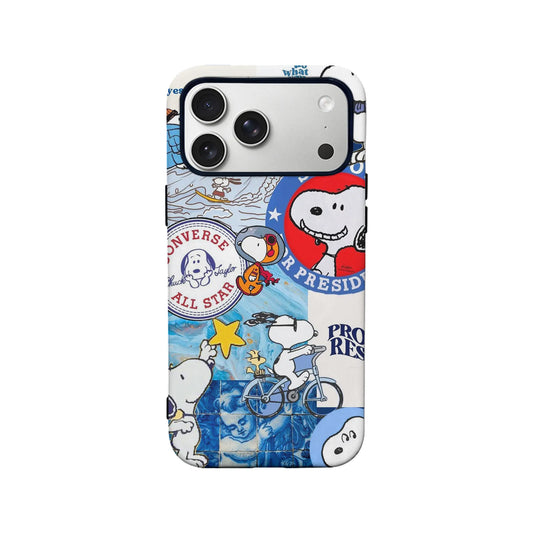 Snoopy collage phone case with Converse logo, blue artwork, stars, and cartoon Snoopy illustrations.
