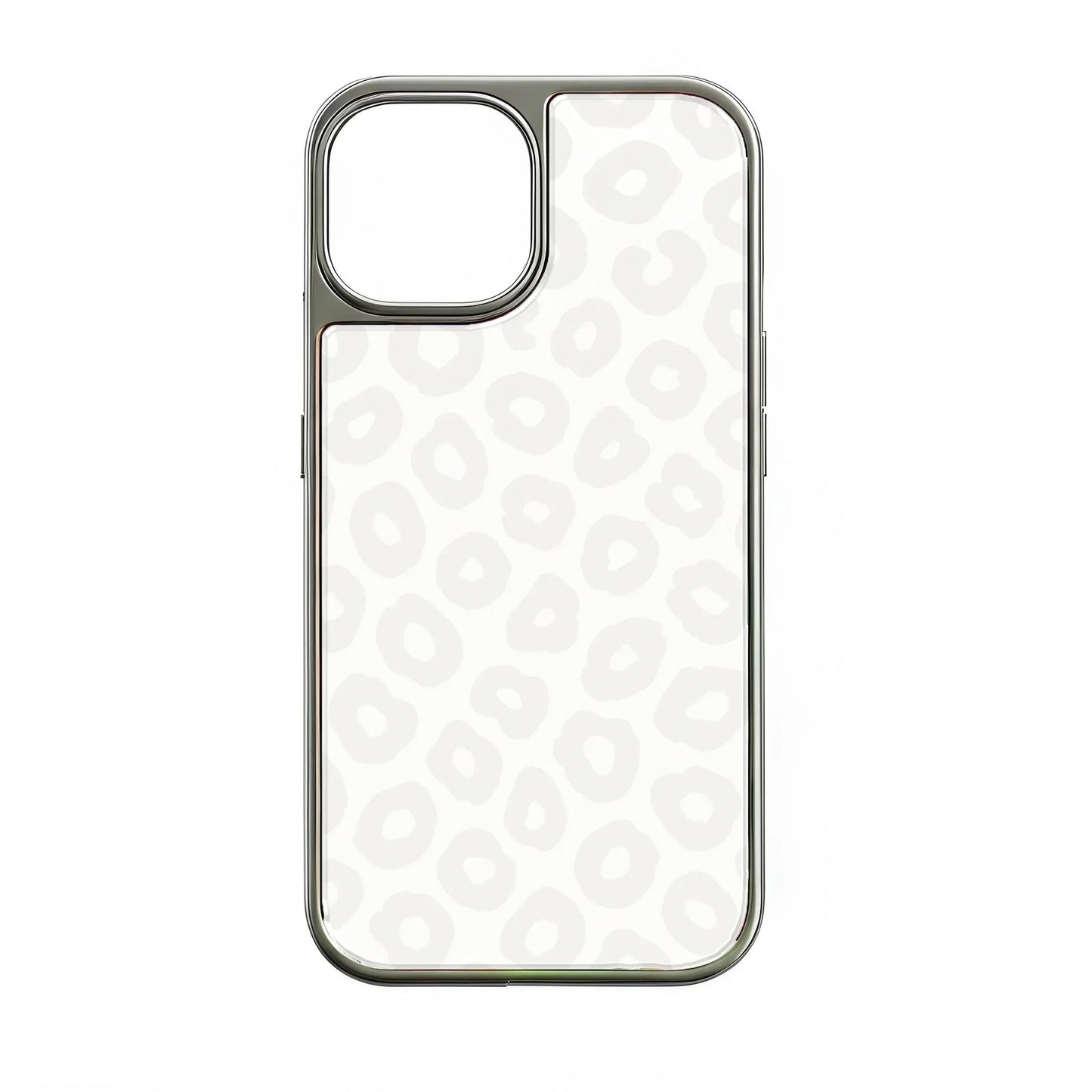 Silver-edged white leopard pattern phone case, rear view for Shopify product listing