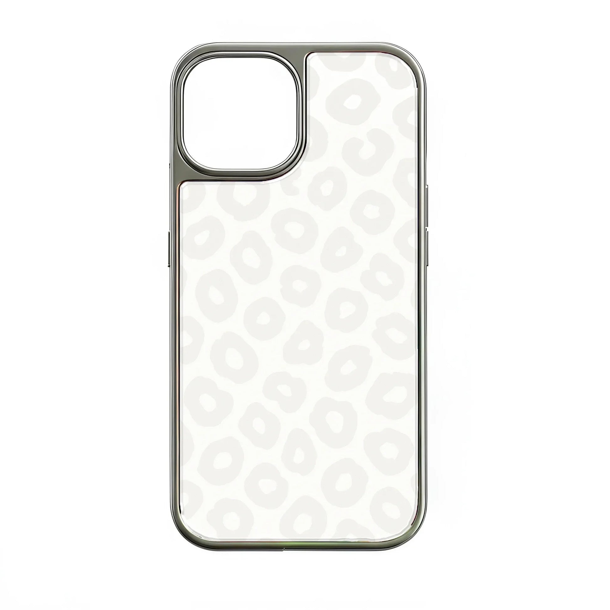 Silver-edged white leopard pattern phone case, rear view for Shopify product listing