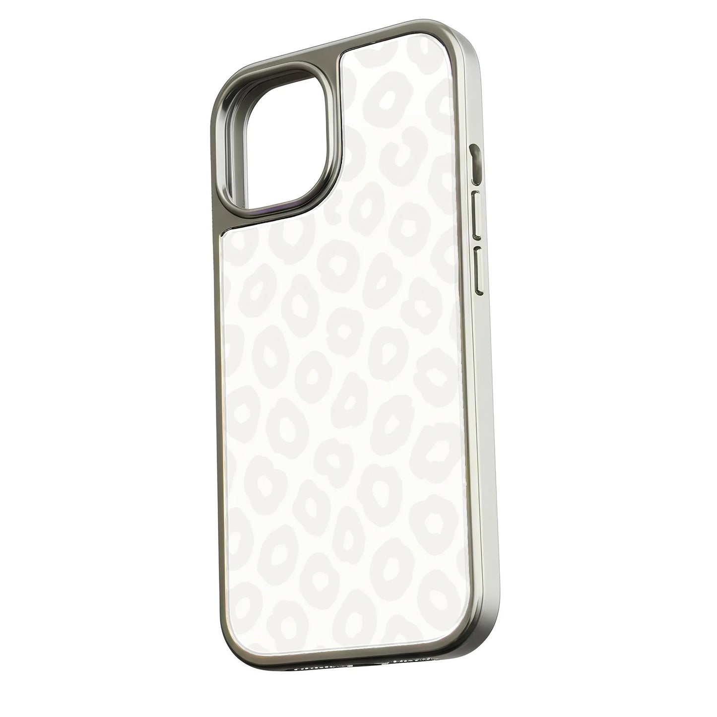 Silver edged phone case with white leopard pattern, angled rear view showing camera cutout