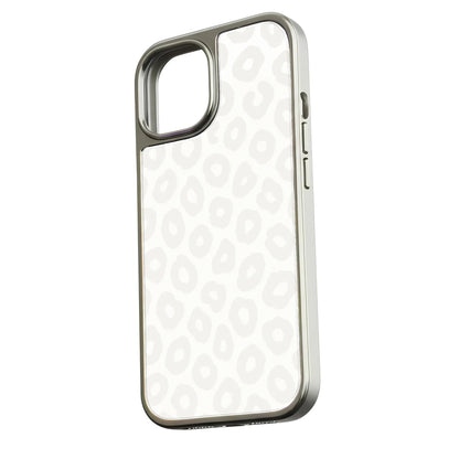 Silver edged phone case with white leopard pattern, angled rear view showing camera cutout
