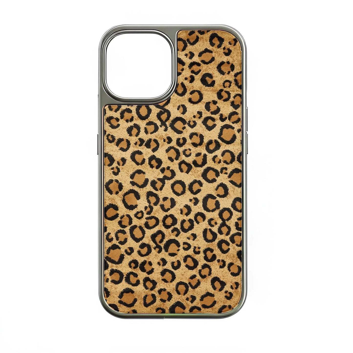 Silver-framed leopard print phone case in tan and black, rear product view