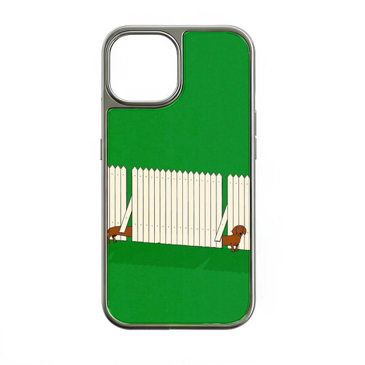 Holographic Chrome iPhone 15 Pro Phone Case - Playful Pups & Green Lawn