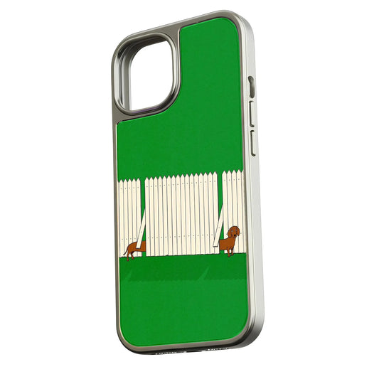 Holographic Chrome iPhone 15 Pro Phone Case - Playful Pups & Green Lawn