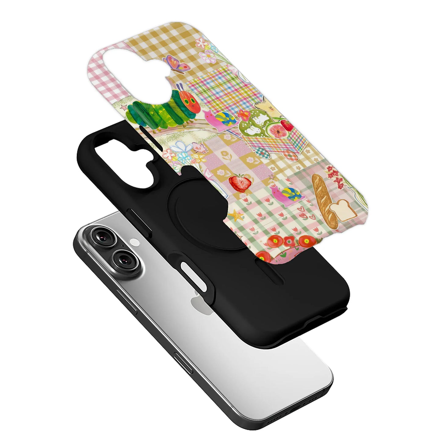 Colorful patchwork picnic phone case insert above black case in angled product display