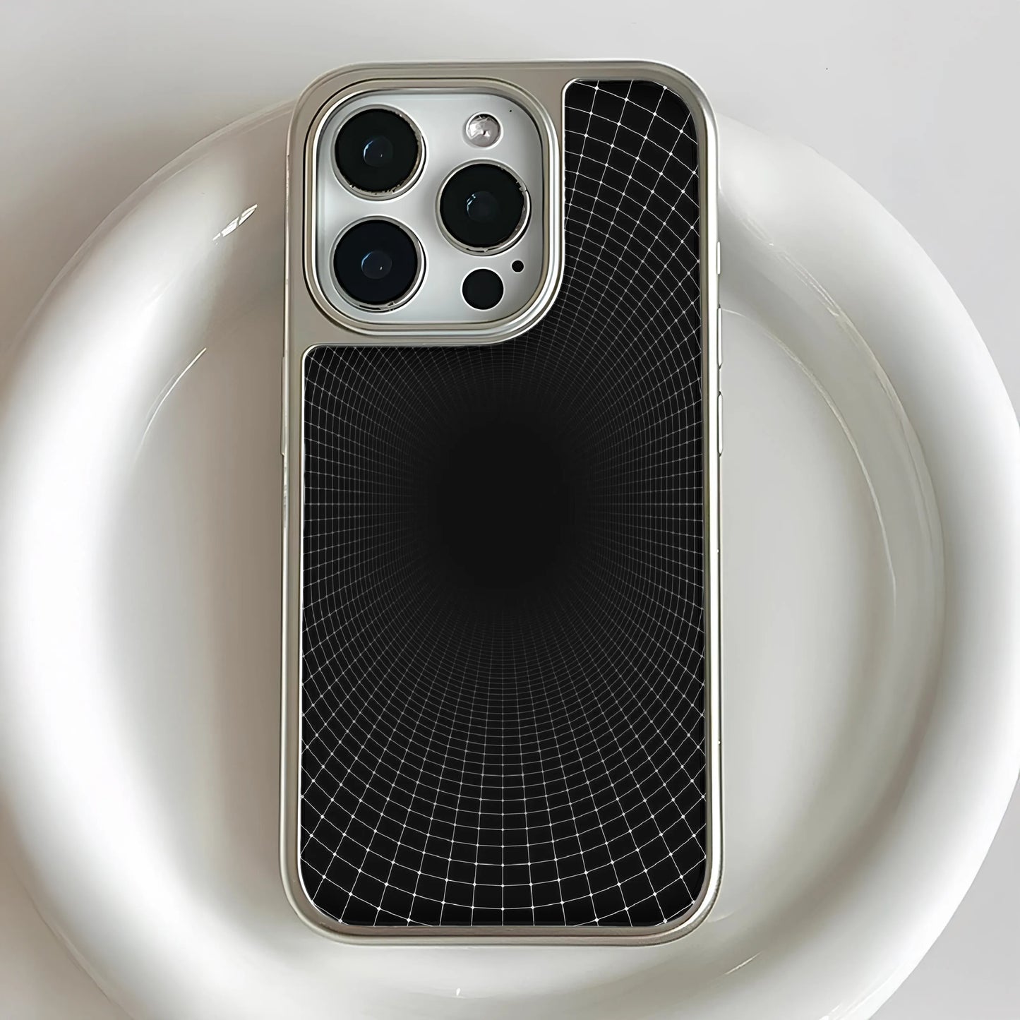 Holographic Chrome iPhone 15 Pro Phone Case - Black Grid Design