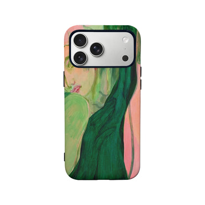 Funda para teléfono con diseño artístico de mujer verde