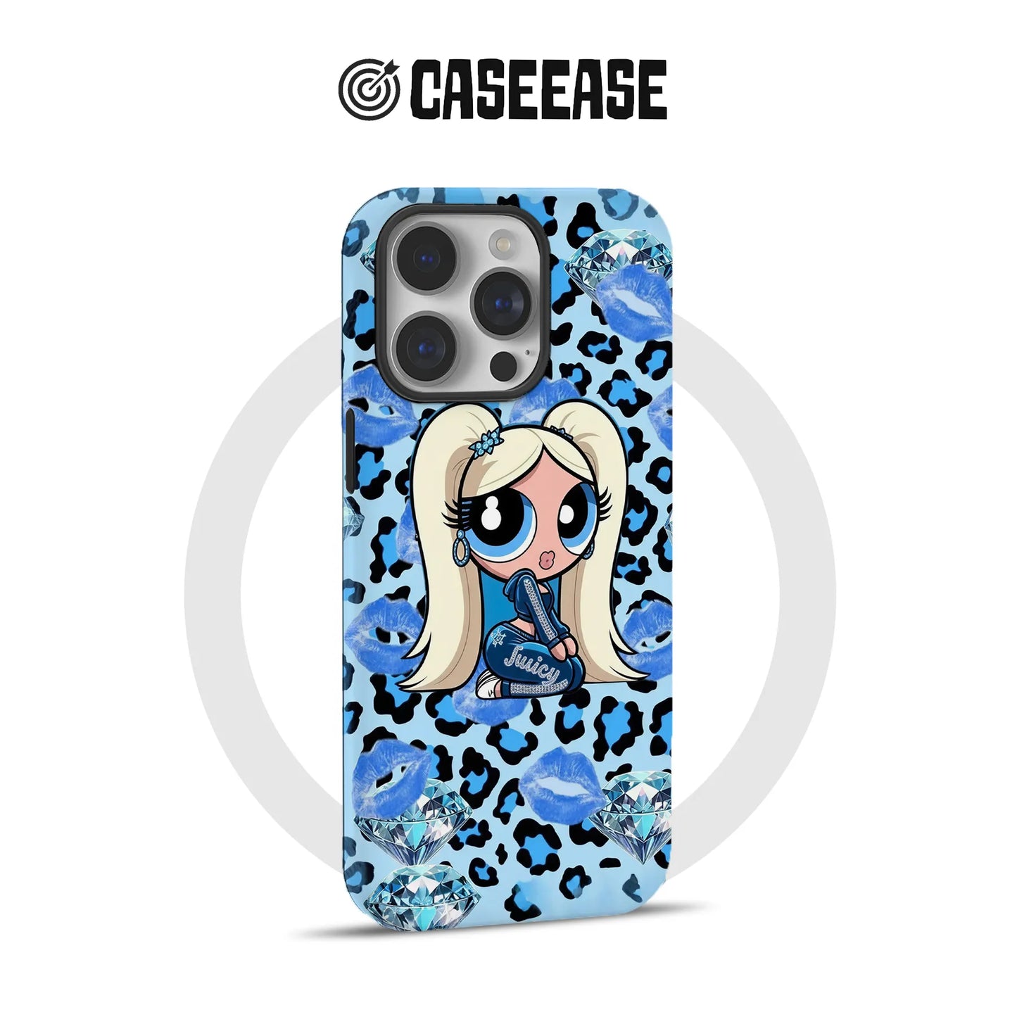 Blue leopard CASEEASE phone case with cartoon blonde, diamonds, rear product view